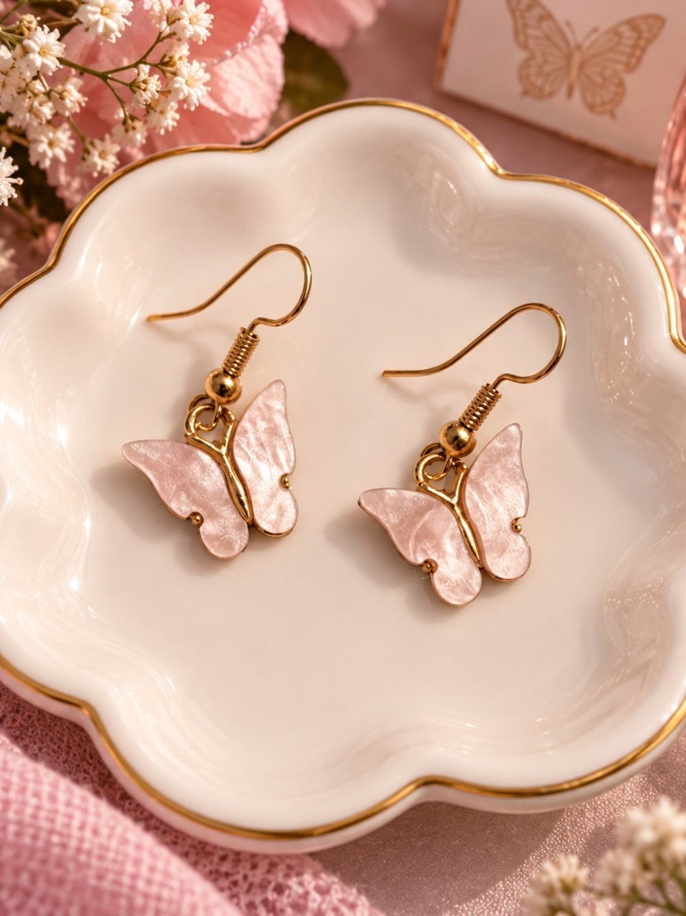 Delicate Pink Pearl Finish Butterfly Drop Earrings - Gold Accent New